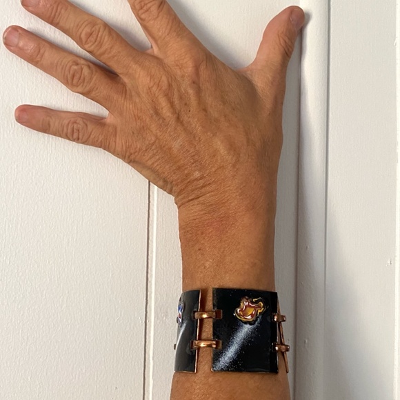 VTG 1950s Enameled Copper Wide Tile Bracelet 6.75 Inches - Picture 2 of 9